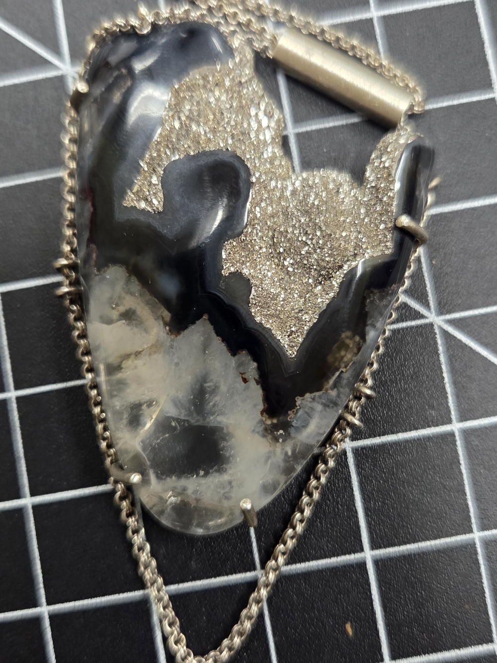 Ambrosia 925 Sterling Silver Large Druzy Agate Statement Necklace Signed